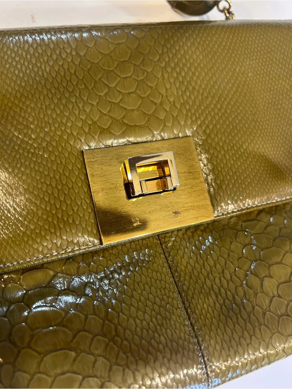 Vintage Olive Green Faux Snakeskin Top Handle Purse Gold Turn Lock Structured